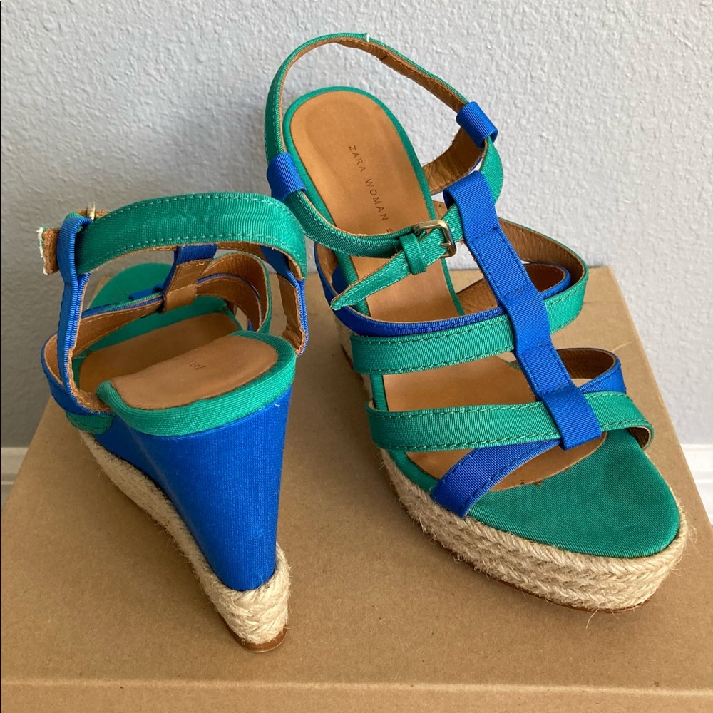 Zara Platform Wedge Sandals Blue Green Size EUR 40, fits 9.5 or 10 narrow